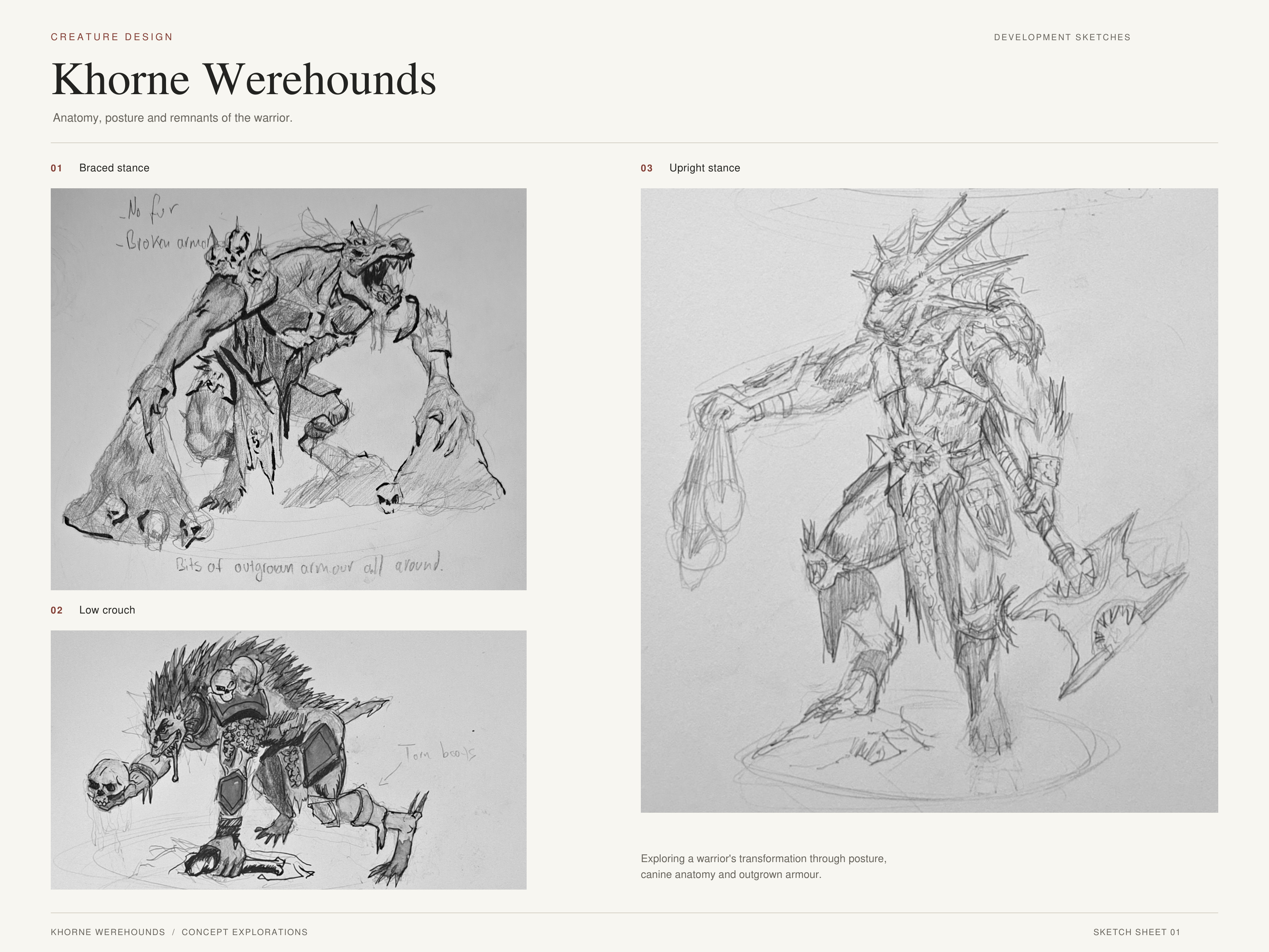 Khorne Werehounds development sheet: a braced creature on rock mounds, a low crouching creature holding a skull, and an upright warrior with an axe and trophies